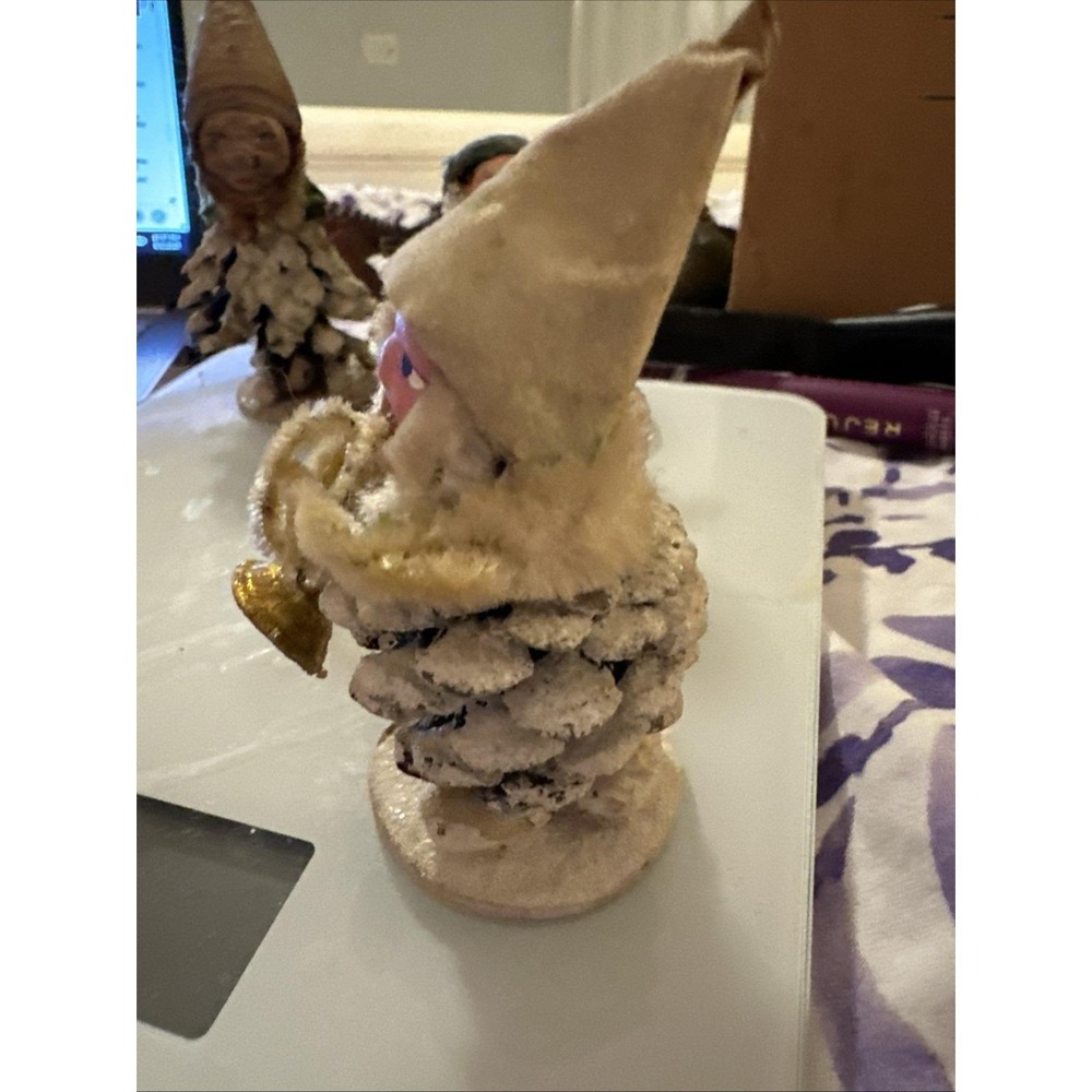 Antique Pinecone Elf Pixie Musician Trumpet Christmas Figure From Japan Side Eye - Picture 3 of 7